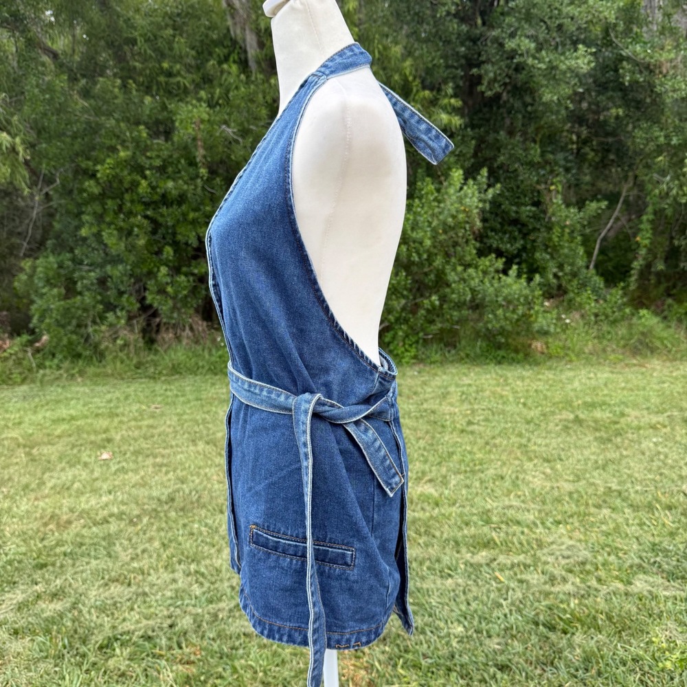 Unbranded Denim Halter Dress Womens XL Blue Backless Belted Mini Western Cowgirl